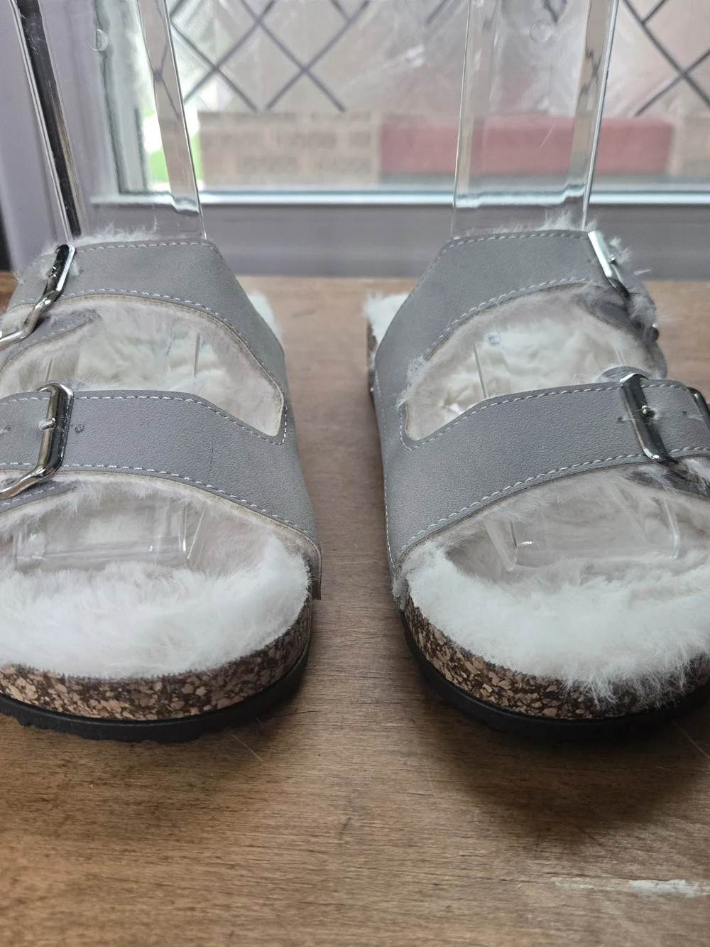 Nicole Miller Womens Gray Two Strap Faux Shearling Cork Slides Sz 8